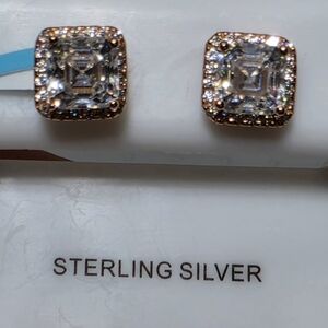 Rose Gold Over 925 Sterlung Halo Square Stud Earrings -